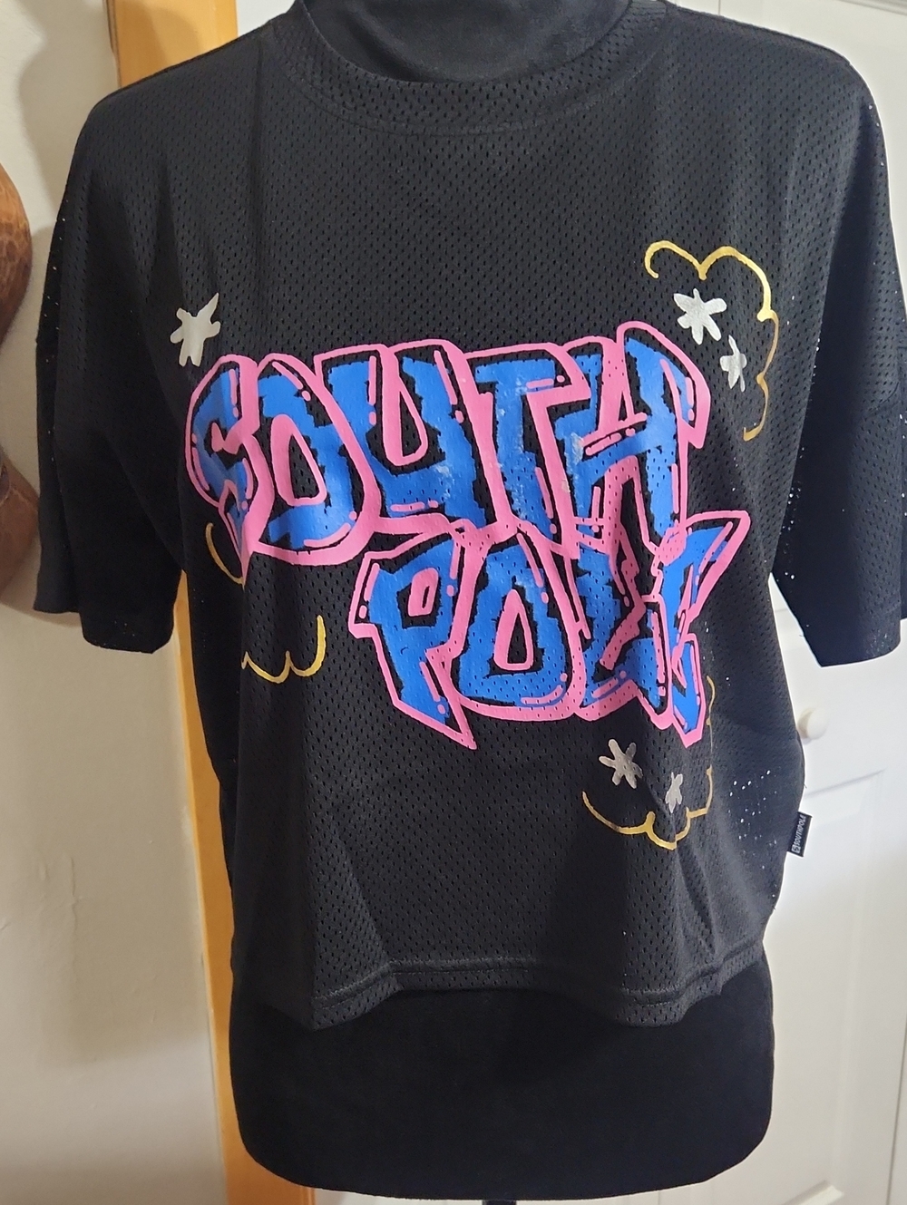 Y2K South Pole Black Mesh Crop Tee with Pink & Blue Graffiti